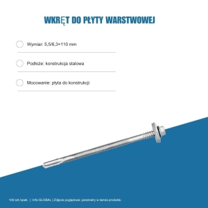 Wkręt do płyty warstwowej Info-GLOBAL AR12 W CSG 5,5/6,3×110 mm, bez lakieru, 100 szt.